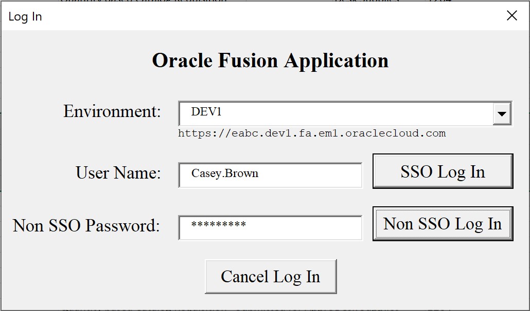 Non SSO Login - Simplified Loader Excel for Oracle Fusion Cloud ERP